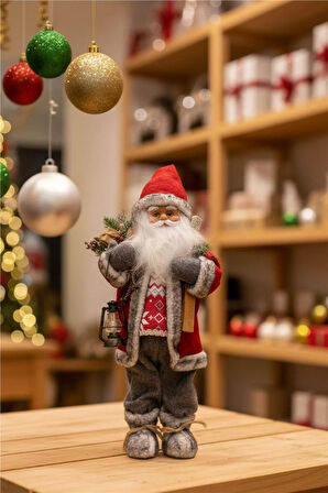 Kırmızı Şapkalı Gri Montlu Noel Baba – 30 cm