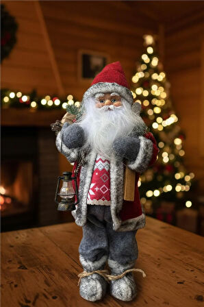 Kırmızı Şapkalı Gri Montlu Noel Baba – 30 cm