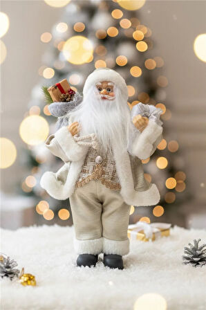 Beyaz ve Altın Detaylı Noel Baba – 30 cm