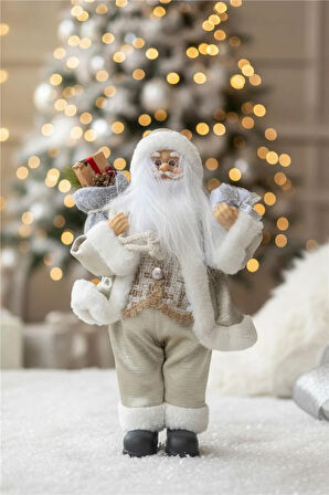 Beyaz ve Altın Detaylı Noel Baba – 30 cm