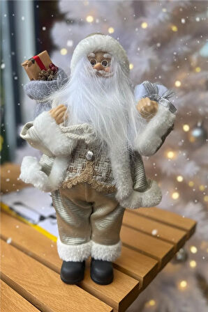Beyaz ve Altın Detaylı Noel Baba – 30 cm