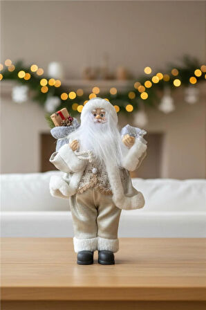 Beyaz ve Altın Detaylı Noel Baba – 30 cm