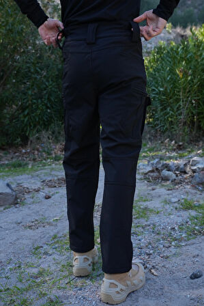 8 Cepli Siyah Softshell Pantolon, Su Geçirmez Kalın Pantolon Siyah