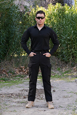 8 Cepli Siyah Softshell Pantolon, Su Geçirmez Kalın Pantolon Siyah