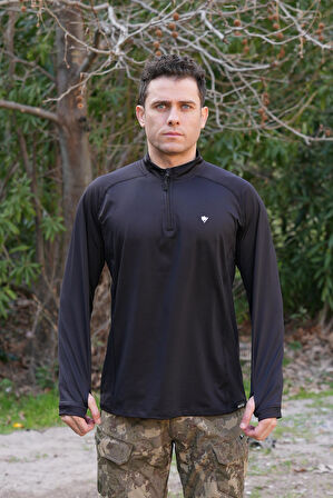 Çeyrek Fermuar Uzun Kollu Sweatshirt Siyah, Termal Sweatshirt, Esnek İç Katman Giysisi