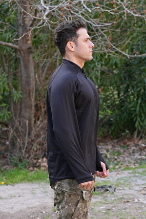 Çeyrek Fermuar Uzun Kollu Sweatshirt Siyah, Termal Sweatshirt, Esnek İç Katman Giysisi