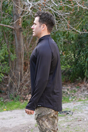 Çeyrek Fermuar Uzun Kollu Sweatshirt Siyah, Termal Sweatshirt, Esnek İç Katman Giysisi