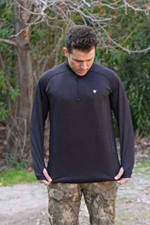 Çeyrek Fermuar Uzun Kollu Sweatshirt Siyah, Termal Sweatshirt, Esnek İç Katman Giysisi