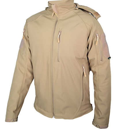 Bej 5 Cepli Kapüşonlu Softshell Soğuk Geçirmez Mont