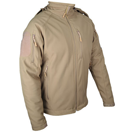 Bej 5 Cepli Kapüşonlu Softshell Soğuk Geçirmez Mont