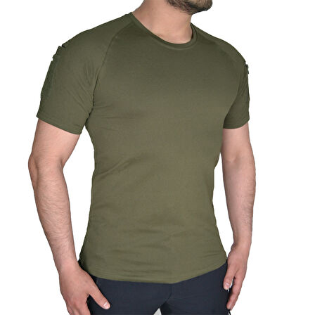 Haki Renkli Taktik Kısa Kollu Tişört, 2 Cepli Taktik T-Shirt