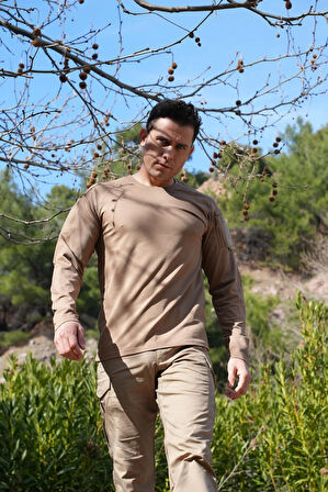 Beldaran Cepli Uzun Kollu Taktik Tişört Bej