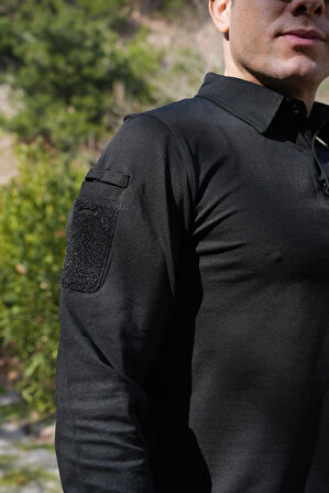 Siyah Uzun Kollu Taktik Polo Yaka Tişört, 2 Cepli Uzun Kollu T-Shirt
