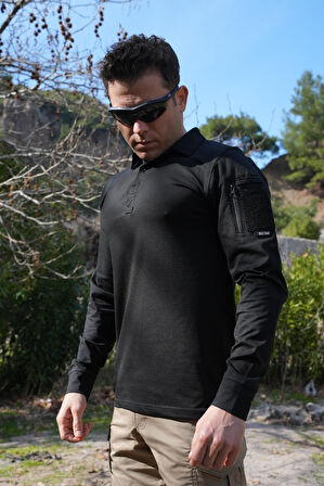 Siyah Uzun Kollu Taktik Polo Yaka Tişört, 2 Cepli Uzun Kollu T-Shirt