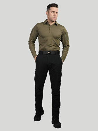 Haki Uzun Kollu Taktik Polo Yaka Tişört, 2 Cepli Uzun Kollu T-Shirt