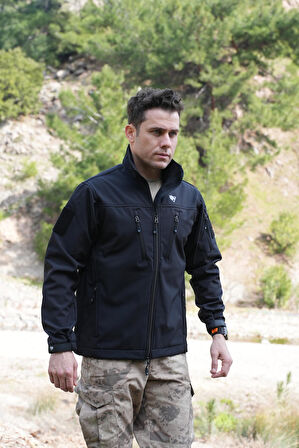 Softshell Mont Siyah, 7 Cepli Rüzgar Geçirmez Softshell Mont, Outdoor Siyah Mont