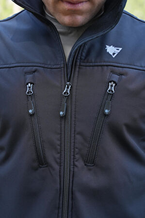 Softshell Mont Siyah, 7 Cepli Rüzgar Geçirmez Softshell Mont, Outdoor Siyah Mont