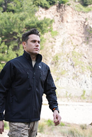 Softshell Mont Siyah, 7 Cepli Rüzgar Geçirmez Softshell Mont, Outdoor Siyah Mont