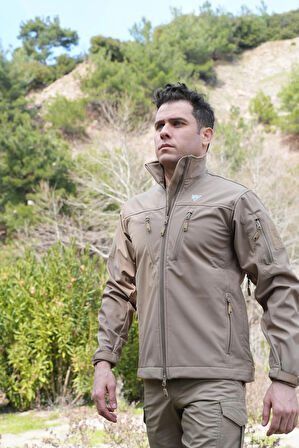 Softshell Mont Bej, 7 Cepli Rüzgar Geçirmez Softshell Mont, Bej Outdoor Mont