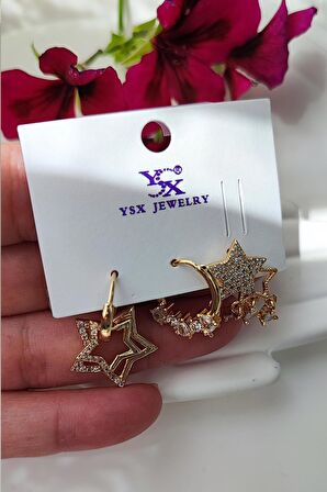 Altın Kaplama Zirkon Taşlı Yıldızlı 3 lü Çelik Küpe Set-Altın Renk