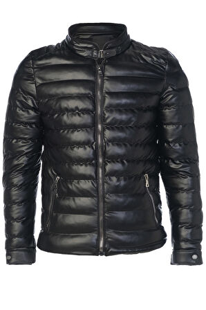 Sivaist Erkek Siyah Slim Fit İçi Kalın Kürklü Su İtici Şişme Deri Ceket & Mont