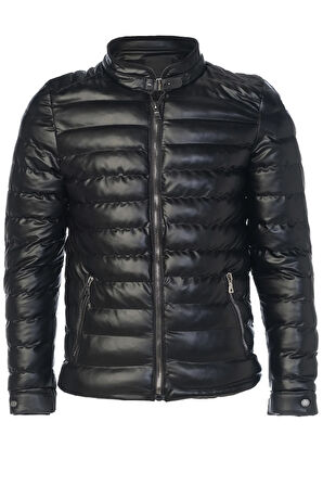 Sivaist Erkek Siyah Slim Fit İçi Kalın Kürklü Su İtici Şişme Deri Ceket & Mont