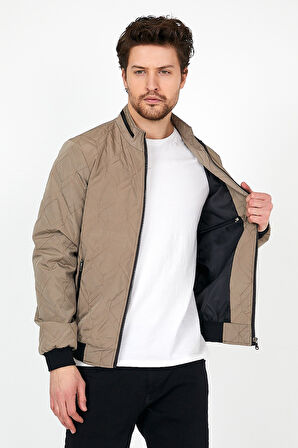 YENİ SEZON ERKEK KREM MEVSİMLİK TRİKO VE DERİ BİYE DETAYLI FERMUARLI İÇ CEPLİ MONT&CEKET