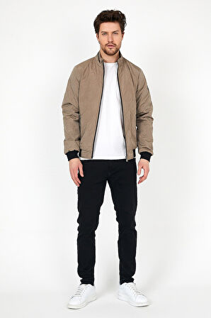 YENİ SEZON ERKEK KREM MEVSİMLİK TRİKO VE DERİ BİYE DETAYLI FERMUARLI İÇ CEPLİ MONT&CEKET