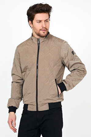 YENİ SEZON ERKEK KREM MEVSİMLİK TRİKO VE DERİ BİYE DETAYLI FERMUARLI İÇ CEPLİ MONT&CEKET