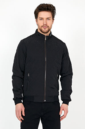 YENİ SEZON ERKEK SİYAH MEVSİMLİK TRİKO VE DERİ BİYE DETAYLI FERMUARLI İÇ CEPLİ MONT&CEKET