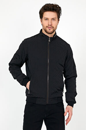 YENİ SEZON ERKEK SİYAH MEVSİMLİK TRİKO VE DERİ BİYE DETAYLI FERMUARLI İÇ CEPLİ MONT&CEKET