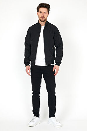 YENİ SEZON ERKEK SİYAH MEVSİMLİK TRİKO VE DERİ BİYE DETAYLI FERMUARLI İÇ CEPLİ MONT&CEKET