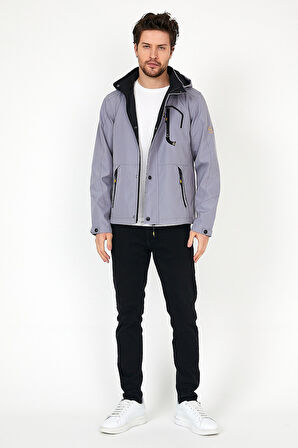 YENİ SEZON ERKEK GRİ SOFTSHELL KAPÜŞONLU İÇ CEPLİ SU VE RÜZGAR GEÇİRMEZ MEVSİMLİK&YAZLIK MONT