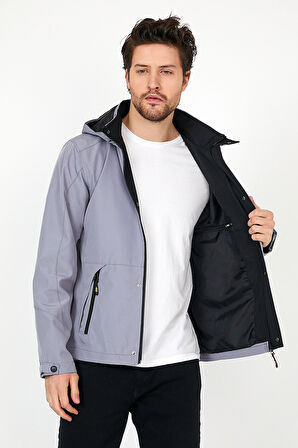 YENİ SEZON ERKEK GRİ SOFTSHELL KAPÜŞONLU İÇ CEPLİ SU VE RÜZGAR GEÇİRMEZ MEVSİMLİK&YAZLIK MONT