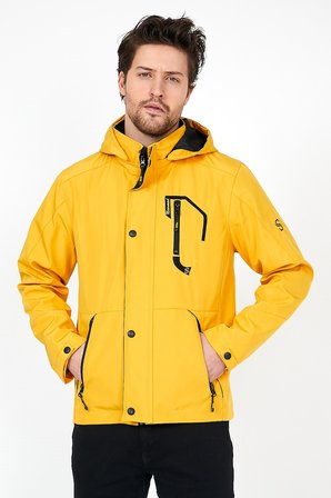 YENİ SEZON ERKEK SARI SOFTSHELL KAPÜŞONLU İÇ CEPLİ SU VE RÜZGAR GEÇİRMEZ MEVSİMLİK&YAZLIK MONT