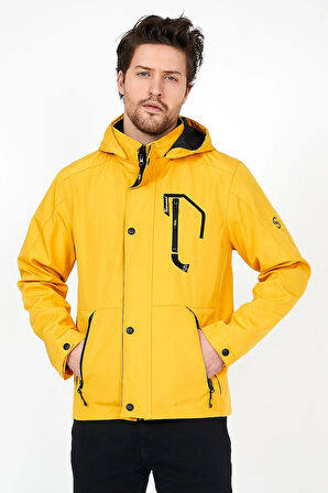YENİ SEZON ERKEK SARI SOFTSHELL KAPÜŞONLU İÇ CEPLİ SU VE RÜZGAR GEÇİRMEZ MEVSİMLİK&YAZLIK MONT