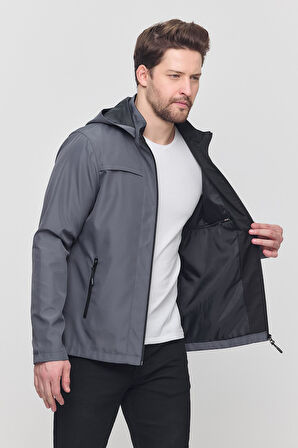 Yeni Sezon Erkek Gri Kapüşonlu İç Cepli Su Ve Rüzgar Geçirmez Mevsimlik&Yazlık Mont