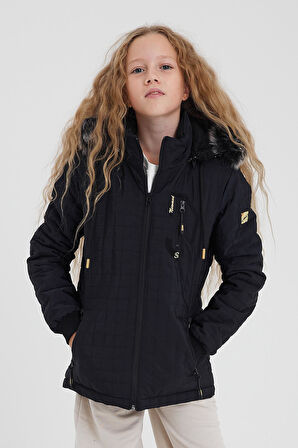 Lacivert Kız Çocuk Su Ve Rüzgar Geçirmez Çıkartılabilir Kapüşonlu Kapitone Mont&Kaban