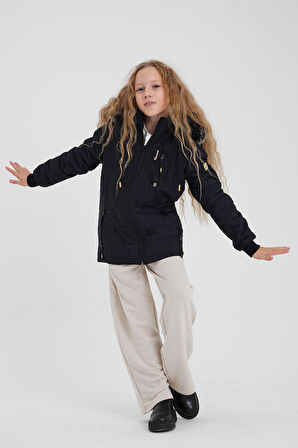 Lacivert Kız Çocuk Su Ve Rüzgar Geçirmez Çıkartılabilir Kapüşonlu Kapitone Mont&Kaban