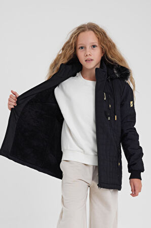 Lacivert Kız Çocuk Su Ve Rüzgar Geçirmez Çıkartılabilir Kapüşonlu Kapitone Mont&Kaban