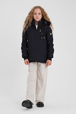 Lacivert Kız Çocuk Su Ve Rüzgar Geçirmez Çıkartılabilir Kapüşonlu Kapitone Mont&Kaban