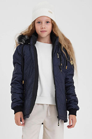 Mavi Kız Çocuk Su Ve Rüzgar Geçirmez Çıkartılabilir Kapüşonlu Kapitone Mont&Kaban