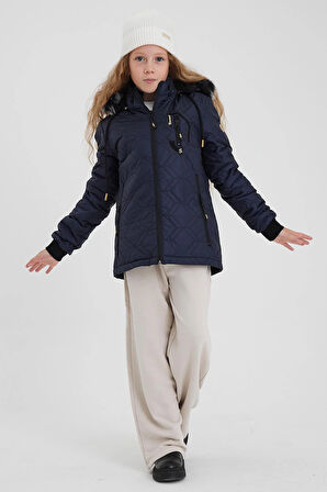 Mavi Kız Çocuk Su Ve Rüzgar Geçirmez Çıkartılabilir Kapüşonlu Kapitone Mont&Kaban