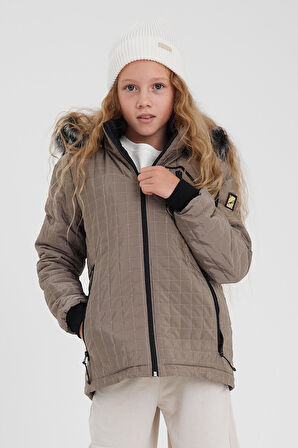 Krem Kız Çocuk Su Ve Rüzgar Geçirmez Çıkartılabilir Kapüşonlu Kapitone Mont&Kaban