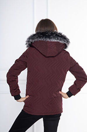 Bordo Kız Çocuk Su Ve Rüzgar Geçirmez Çıkartılabilir Kapüşonlu Kapitone Mont&Kaban