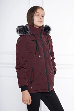 Bordo Kız Çocuk Su Ve Rüzgar Geçirmez Çıkartılabilir Kapüşonlu Kapitone Mont&Kaban