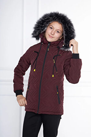 Bordo Kız Çocuk Su Ve Rüzgar Geçirmez Çıkartılabilir Kapüşonlu Kapitone Mont&Kaban