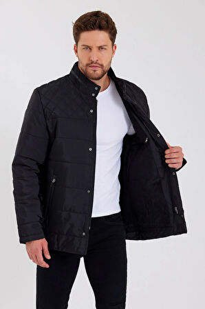 Erkek Siyah Regular İç Cepli İçi Kürklü Yıkanabilir Regular Kapitone Mont&Kaban