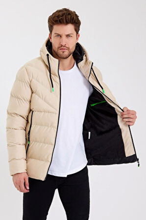 SİVAİST YENİ SEZON ERKEK KREM SU VE RÜZGAR GEÇİRMEZ KAPÜŞONLU KALIN İÇİ KÜRKLÜ ŞİŞME KABAN&MONT