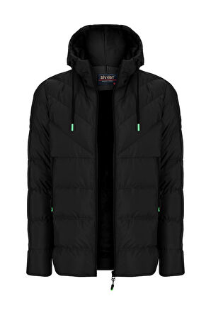 SİVAİST YENİ SEZON ERKEK SİYAH SU VE RÜZGAR GEÇİRMEZ KAPÜŞONLU KALIN ŞİŞME MİGROGELLİ KABAN & MONT